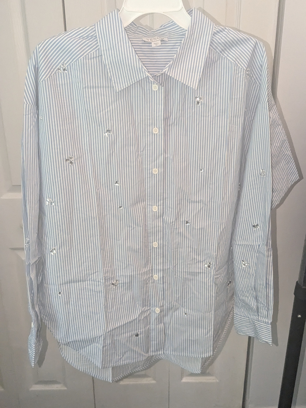 VENUS Blue and White Pinstripe Button-Down Shirt with Metallic Studs